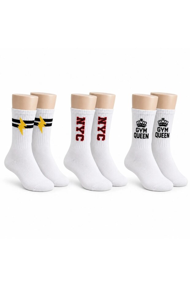 Wak Women's Sports Socks White with Writing 3-Piece Set Long Socks Cotton Seamless Breathable Sports Comfortable Socks