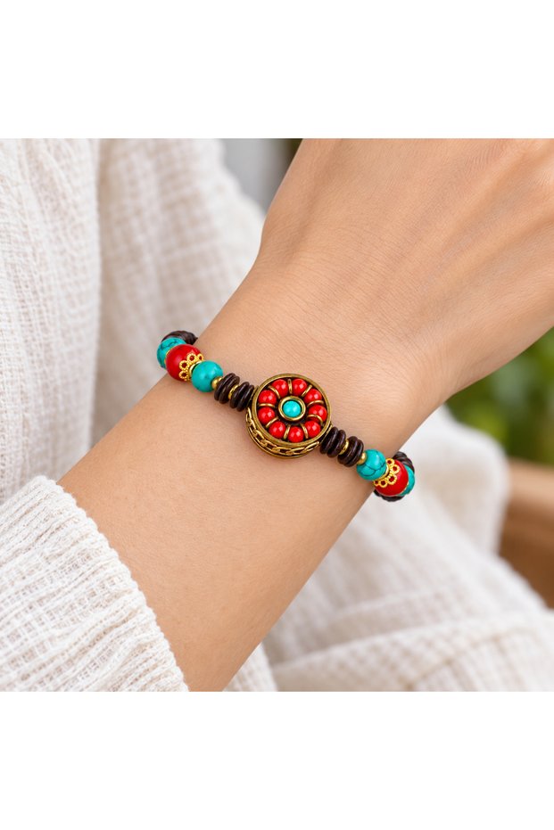 Ethnic Inspired Red Turquoise Beaded Knitted Bracelet – Authentic Design Accessory