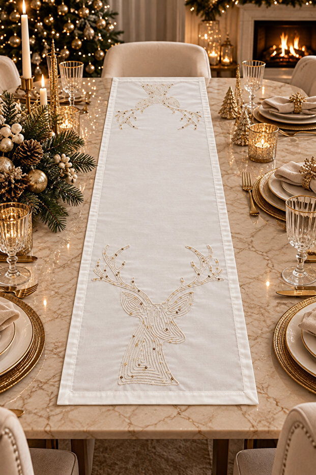 New Year's Deer Figure Embroidered Premium Runner – 40 × 140 cm | New Year's Table & Invitation Table