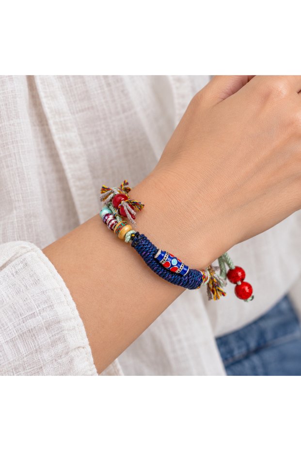 Colorful Knitted Rope Detailed Navy Blue Beaded Handmade Bohemian Bracelet Model