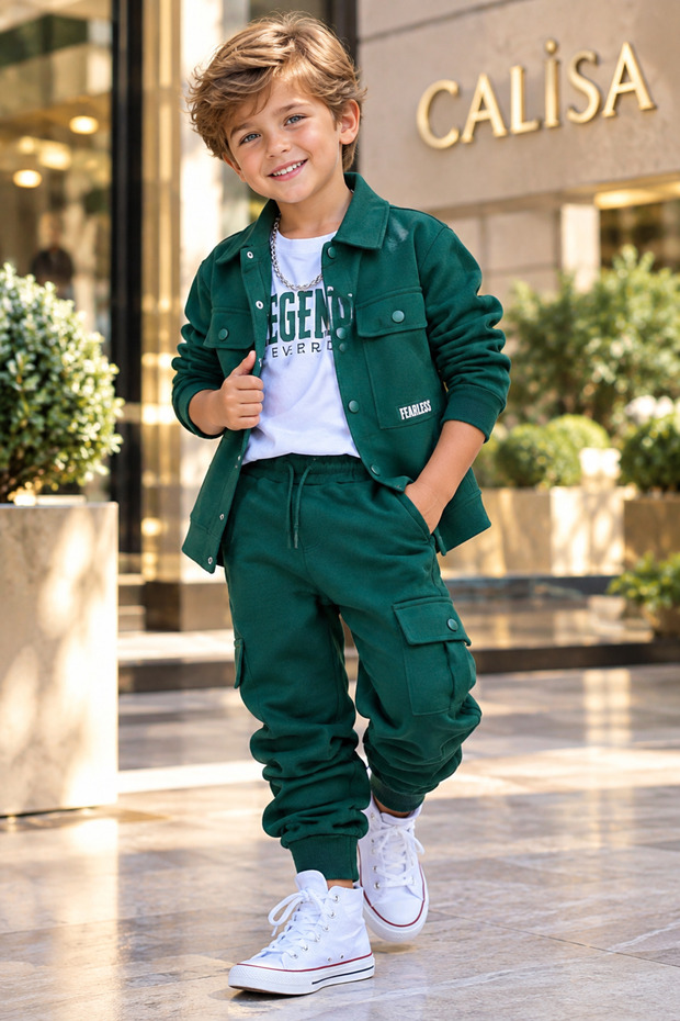 Boys 5-14 Years 3 Piece Set Khaki Shirt Jacket Cargo Pants Long Sleeve T-Shirt