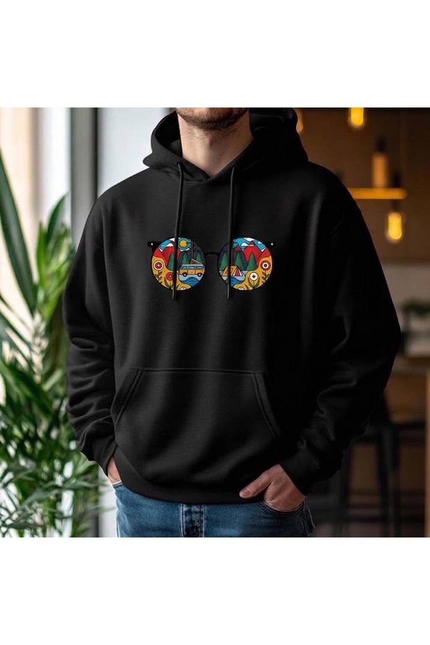 Black Colored Glasses with Landscape Print Hoodie