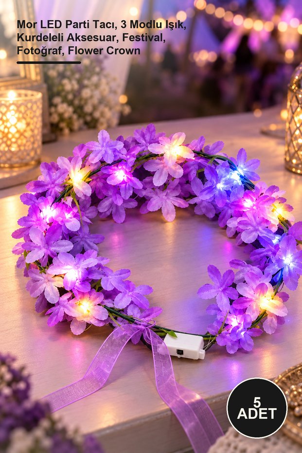 5 Pieces of Light-Up Flower Crown – Purple Led Party Crown, 3 Light Modes, Accessory with Ribbons, Festival, Photography, Flower Crown