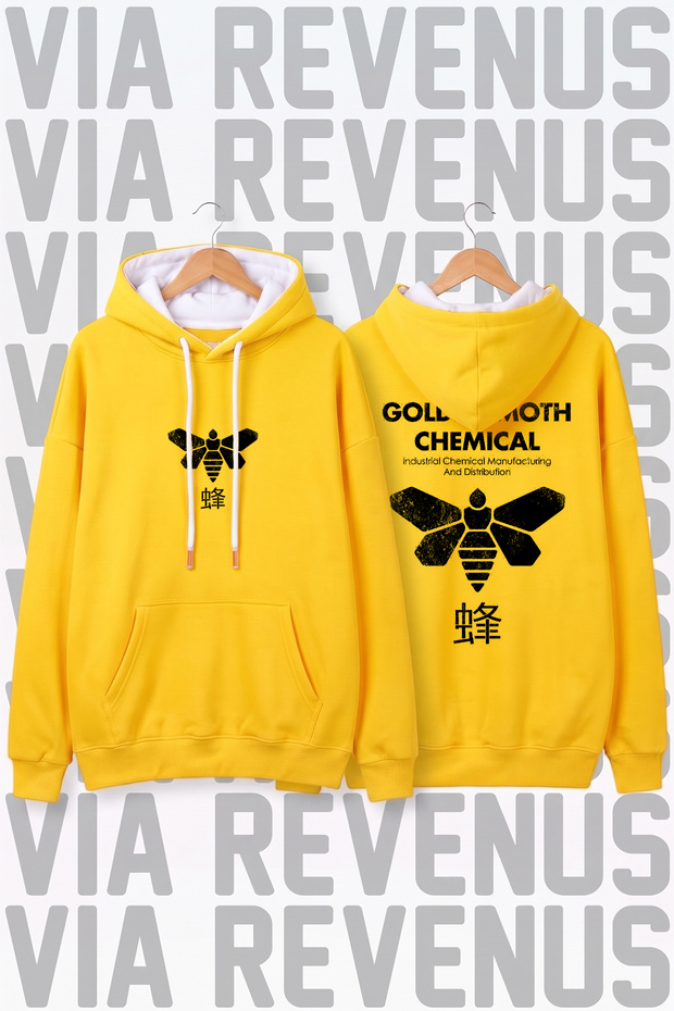 Golden Moth Chemical / Breaking Bad Printed Wide-Fit Yellow Hoodie Sweatshirt - 3-Thread Fleece Hood Lining with Rope Detail