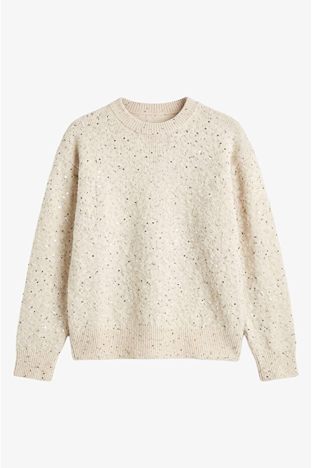 Cream Color Crew Neck Sequin Sweater