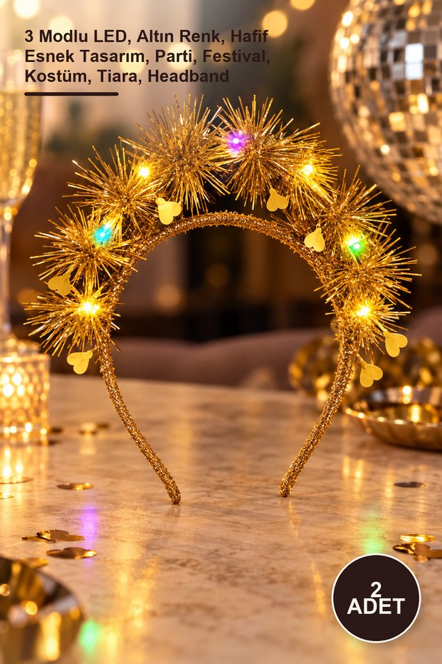 2Pcs Heart Tassel Night Glow Light up Crown – 3 Modes Led, Gold Color, Lightweight Flexible Design, Party, Festival, Costume, Tiara, Headband