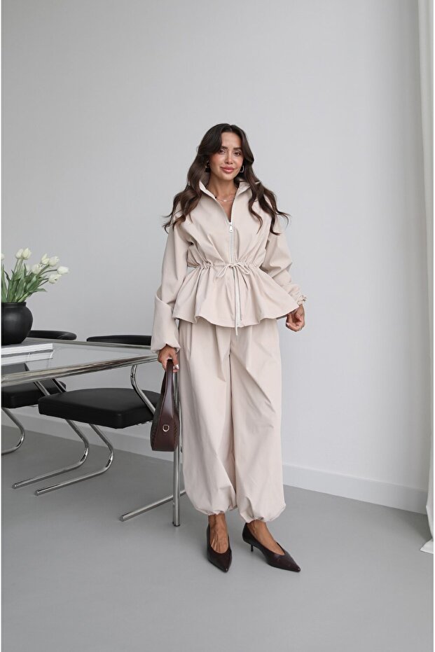 Stone Color Drawstring Waist Shalwar Trousers Jacket Set