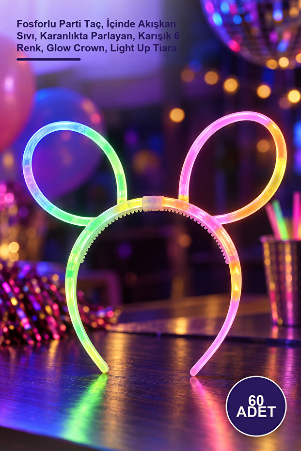 60 Pieces Glow Crown – Phosphorescent Party Crown, Fluid Liquid Inside, Glows in the Dark, Mixed 6 Colors, Glow Crown, Light up Tiara