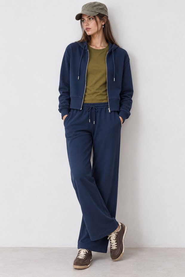 Hooded Knitted Top and Bottom Set Lzv0033 Dark Blue