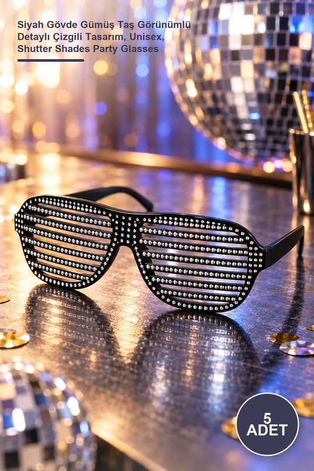 5 Pieces of Shutter Party Glasses – Black Frame with Silver Stone Look Detailed Striped Design, Unisex, Shutter Shades Party Glasses