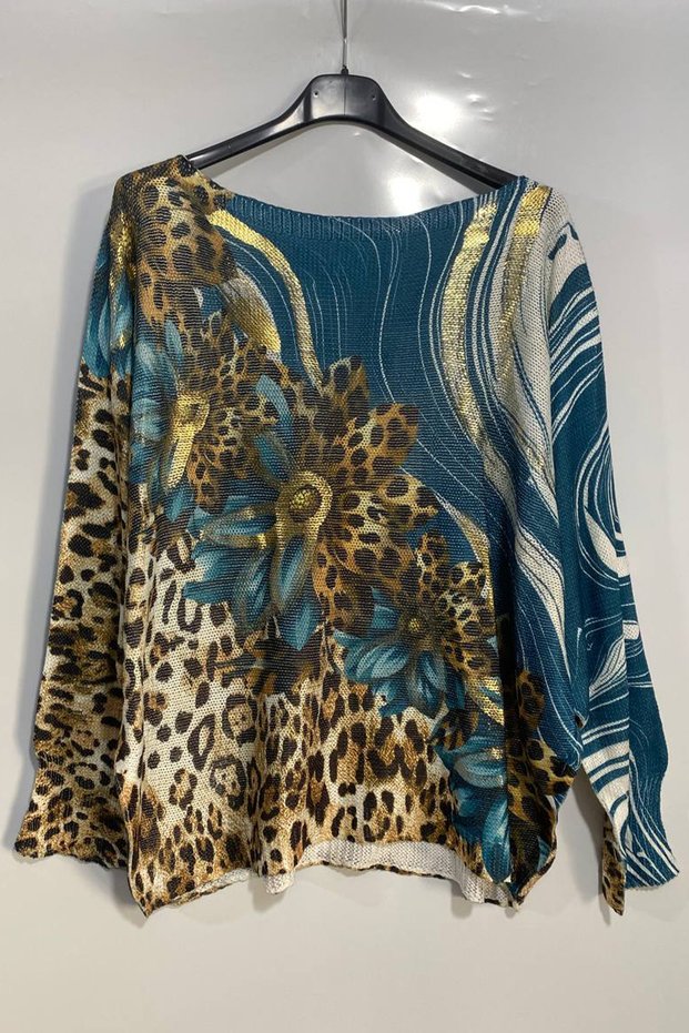 Women's Italian Gilded Printed Patterned Long Sleeve Mercerized Blouse Sweater
