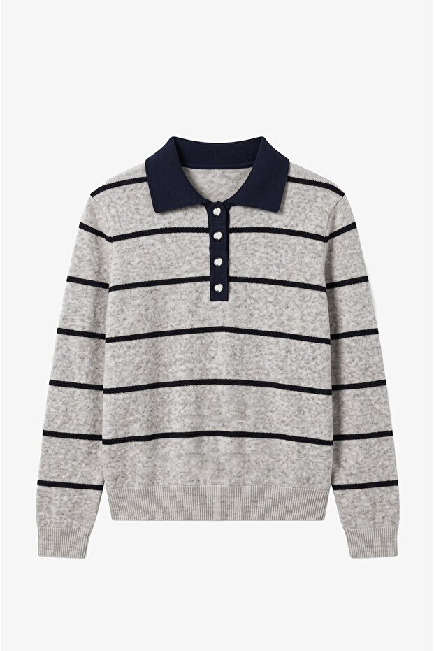 Beige Striped Sweater with Heart Buttons on the Collar
