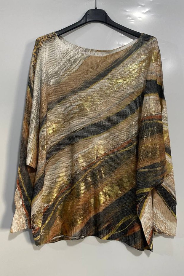 Women's Italian Gilded Printed Patterned Long Sleeve Mercerized Blouse Sweater