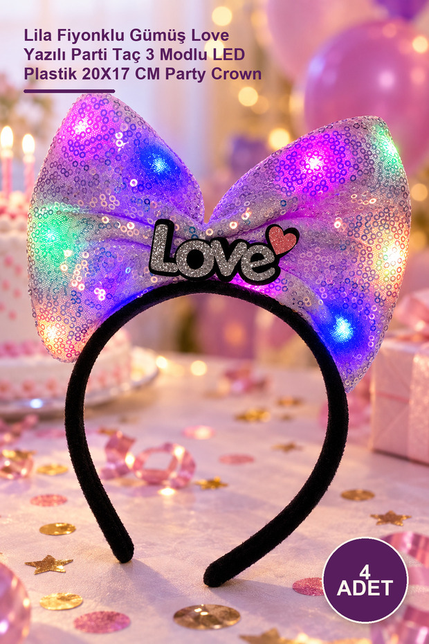 4 Pieces Led Lighted Crown – Silver Love Written Party Crown with Lilac Bow, 3 Modes Led Plastic 20X17 cm Party Crown
