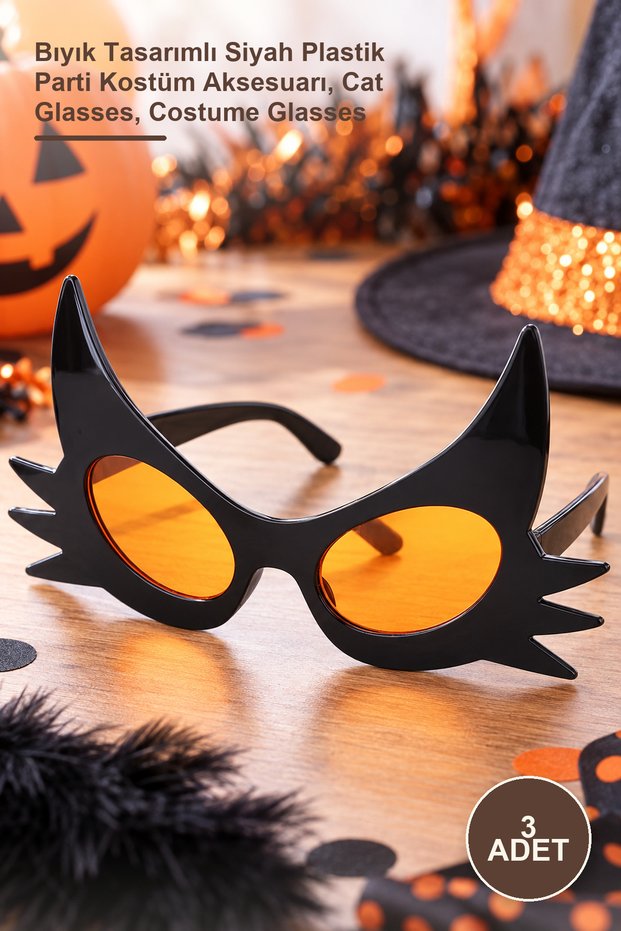 3 Pieces Cat Glasses – Black Plastic Party Costume Accessory with Whisker Design, Cat Glasses, Costume Glasses