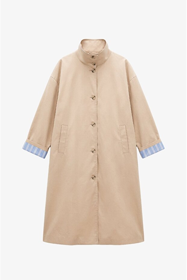 Beige Trench Coat with Folded Sleeves Detail