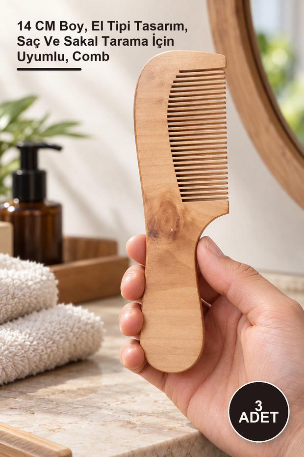 3 Pieces Wooden Handle Comb – 14 cm Length, Handheld Design, Compatible for Hair and Beard Combing, Comb