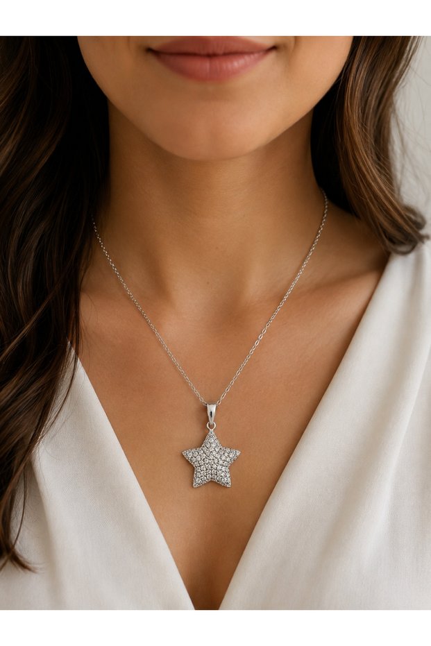 Trend Silver Large Size Zircon Stone Star Necklace
