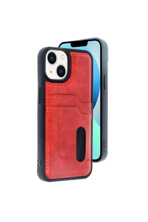 Apple iPhone 15 Sara Leather Case with Business Card Holder - Red