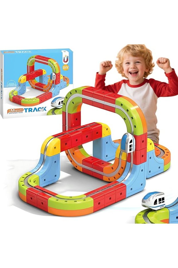 سوفام مجموعة قطار كهربائي مع قطارين، لعبة مسارات سباق قطار يمكنك تركيبها بنفسك، مكعبات بناء مكعبات ث