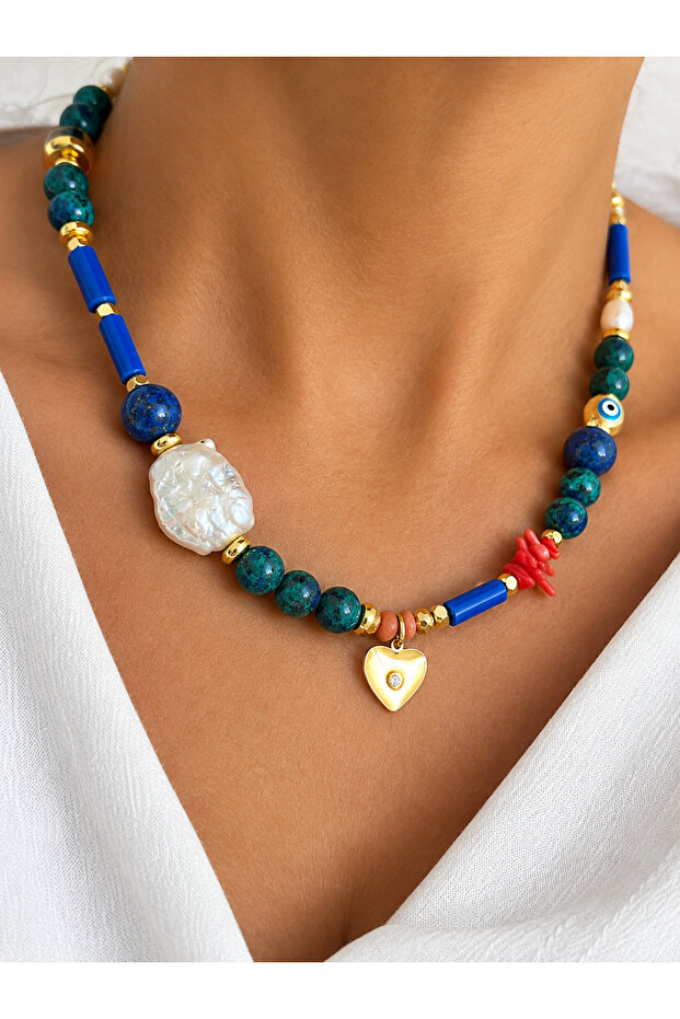 Design Real Baroque Pearl-Natural Stone Steel Heart Necklace