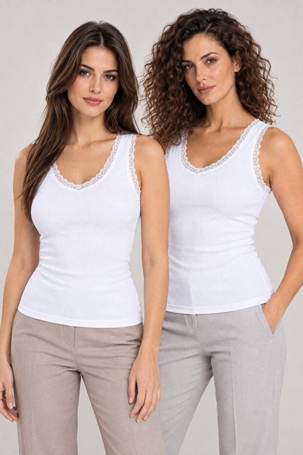 Women's 2-Pack 95% Cotton Lace Trim V-Neck Combed Cotton Camisole Wide Strap Tank Top - Flexible Soft Everyday Undergarment