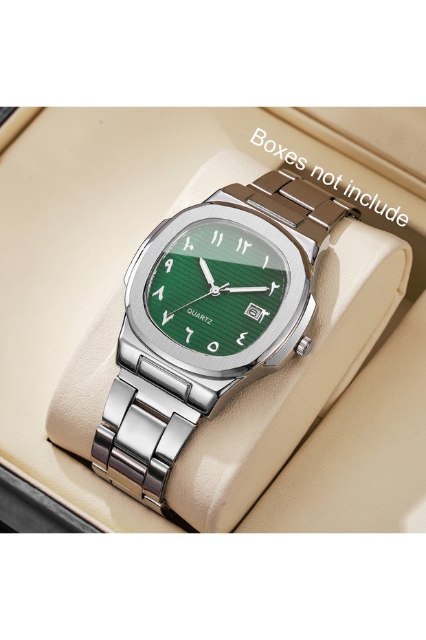 B Silv Green No Box Luxury Men Business Watches Fashion Square Dial Stainless Steel Strap Quartz Wat