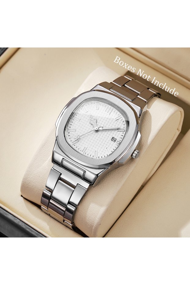 A White No Box Luxury Men Business Watches Fashion Square Dial Stainless Steel Strap Quartz Watch wi