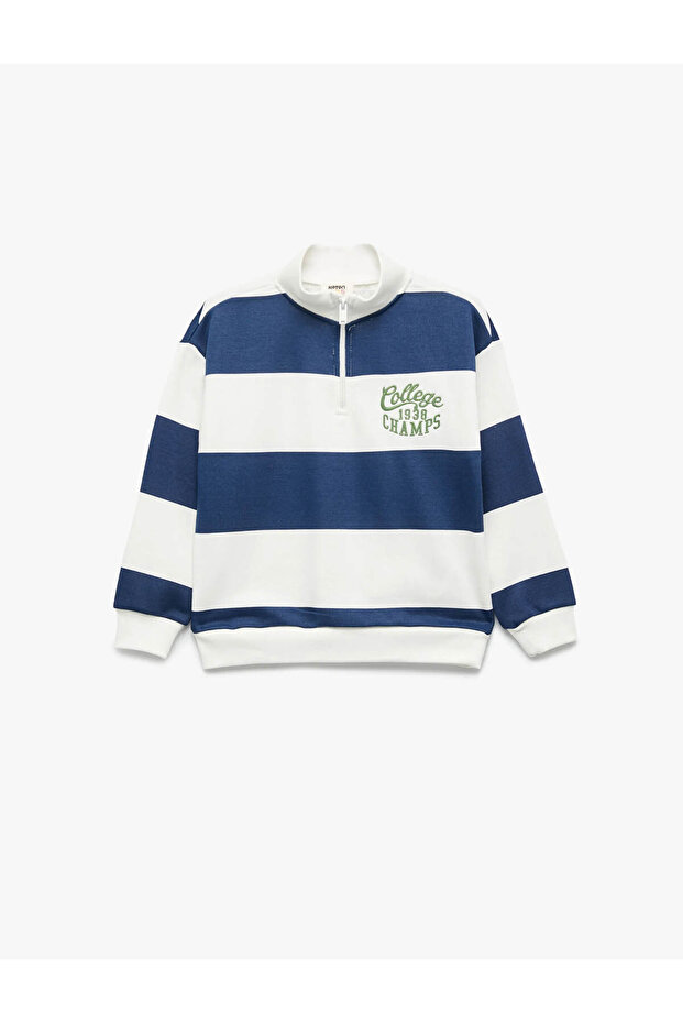 Half Zipper High Collar Oversize Striped Ecru Boys' Sweatshirt 7Wkb10051Tk
