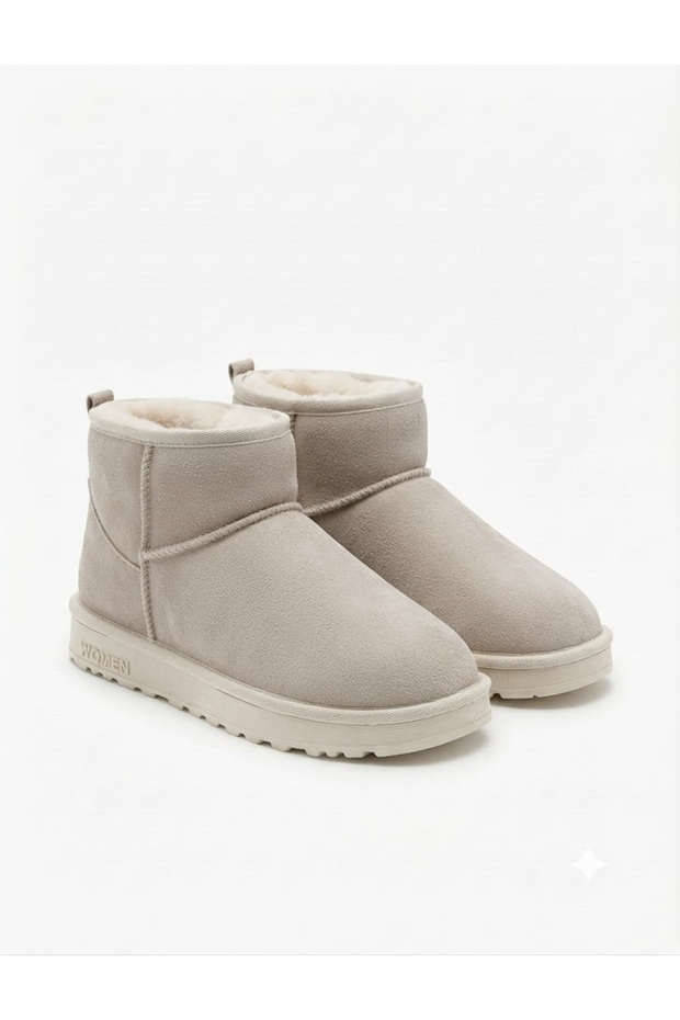 Women's Suede Material Short Mini Ankle Boots with Thick Sole - Beige