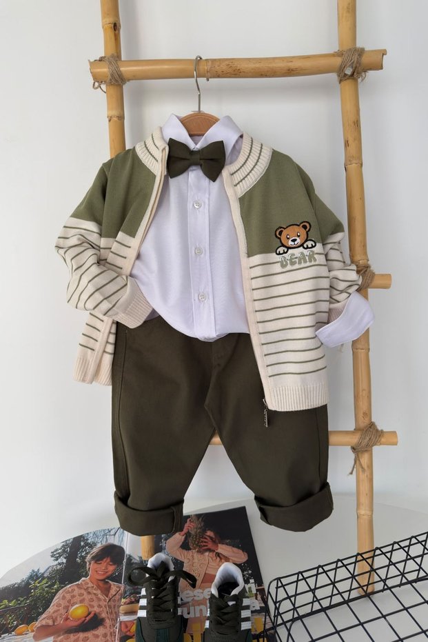 Bear Teddy Bear Embroidered Detailed Boys' 4-Piece Knitwear Cardigan Set - Green