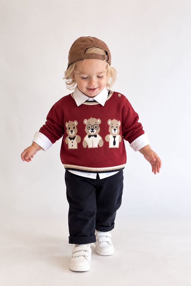 Teddy Bear Detailed Knitwear Sweater Baby Boy 3-Piece Set - Claret Red