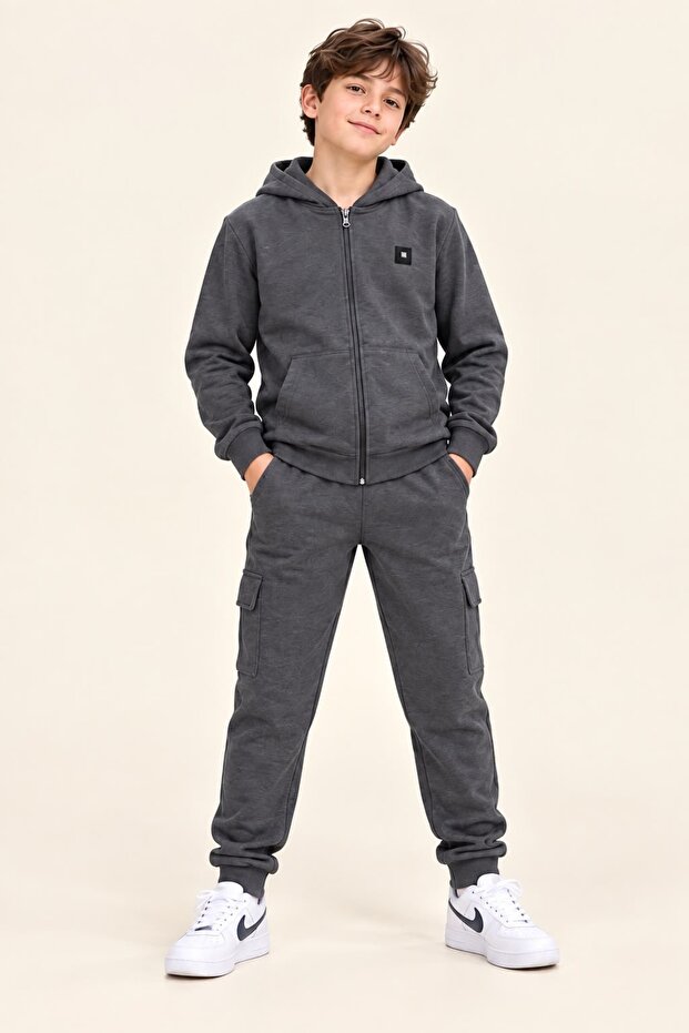 Boys' Tracksuit Set 11-14 Years Old Hooded Zippered Sweatshirt Top and Bottom Set with Cargo Pockets