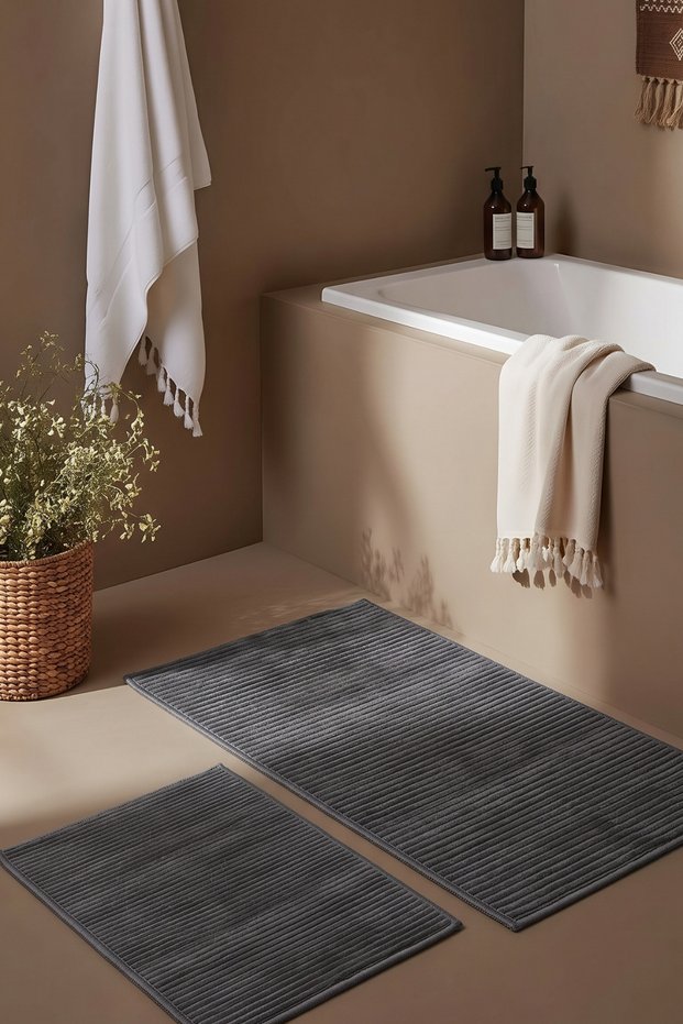 Liora Anthracite Cotton Soft 2-Piece Bath Mat (60X100+50X60 cm) Non-Slip Base Washable Modern