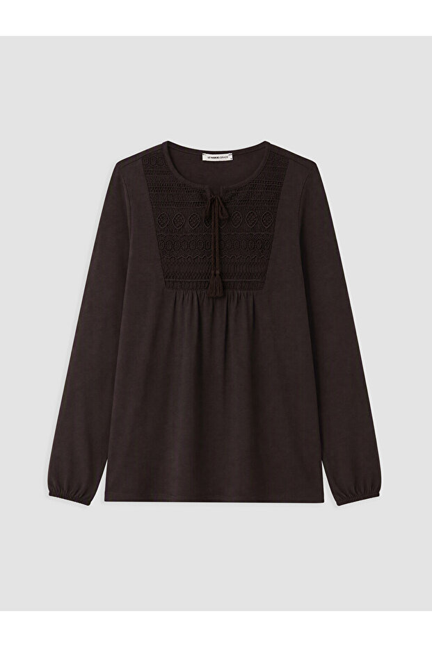 Vizyon New Season Brown Tie-Neck Embroidered Gathered Blouse