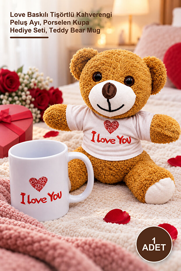 1 Piece Plush Teddy Bear and Mug Set – Brown Plush Bear with Love Printed T-Shirt, Porcelain Mug Gift Set, Teddy Bear Mug