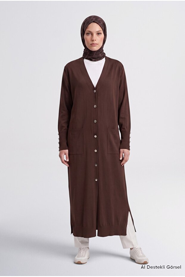 Button Detailed Basic Cardigan Bitter Brown