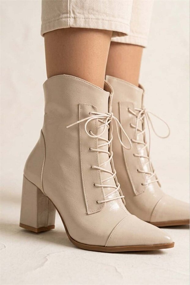 Women's Cora Beige Patent Leather Side Zipper Lace Detailed Thick Heeled Pointed Toe Boots