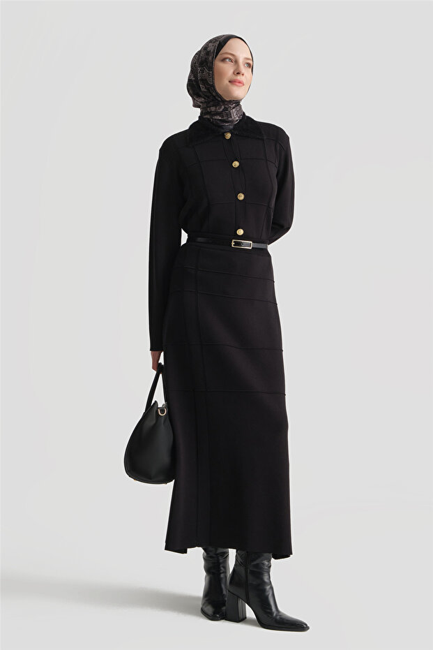 Fur Collared Knitwear Set Black