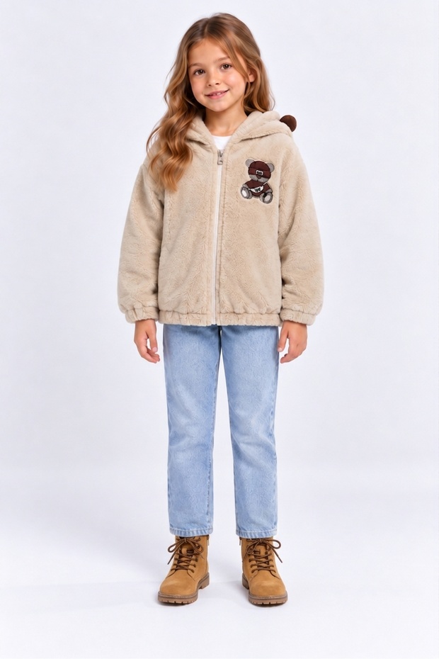 Girl's Plush Cardigan Hooded Zippered Teddy Bear Embroidered Soft Warm Coat Ak4128