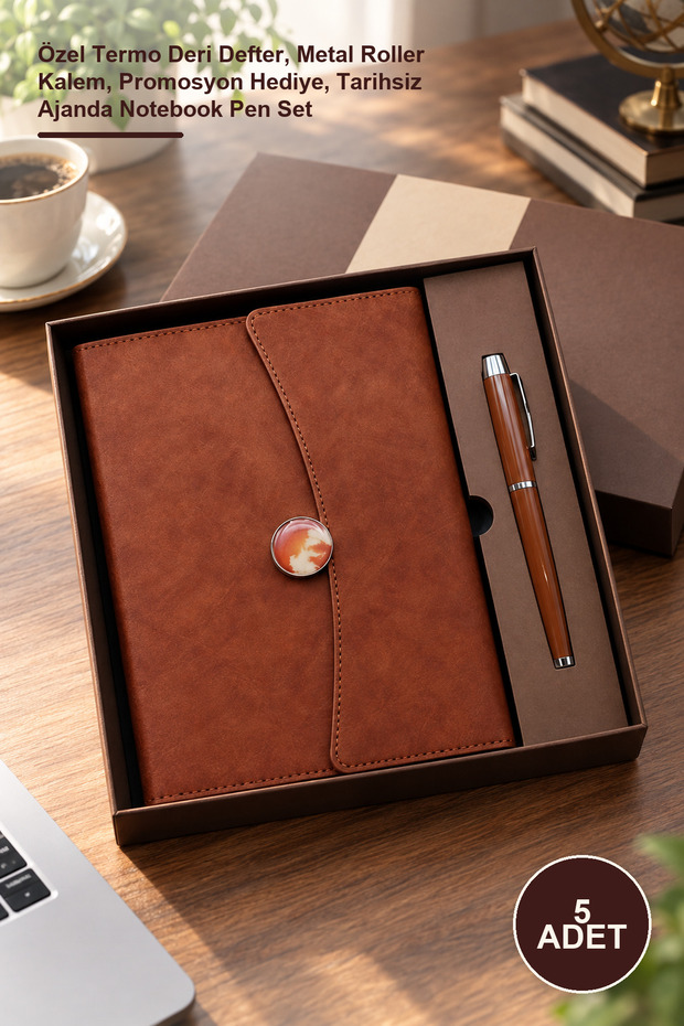 5-Piece Boxed Notebook Pen Set – Special Thermo Leather Notebook, Metal Roller Pen, Promotional Gift, Undated Agenda Notebook Pen Set