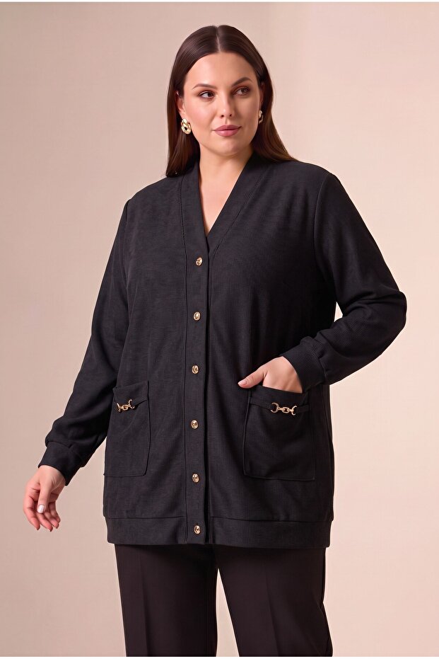 Ribbed Plus Size Knitted Cardigan Black