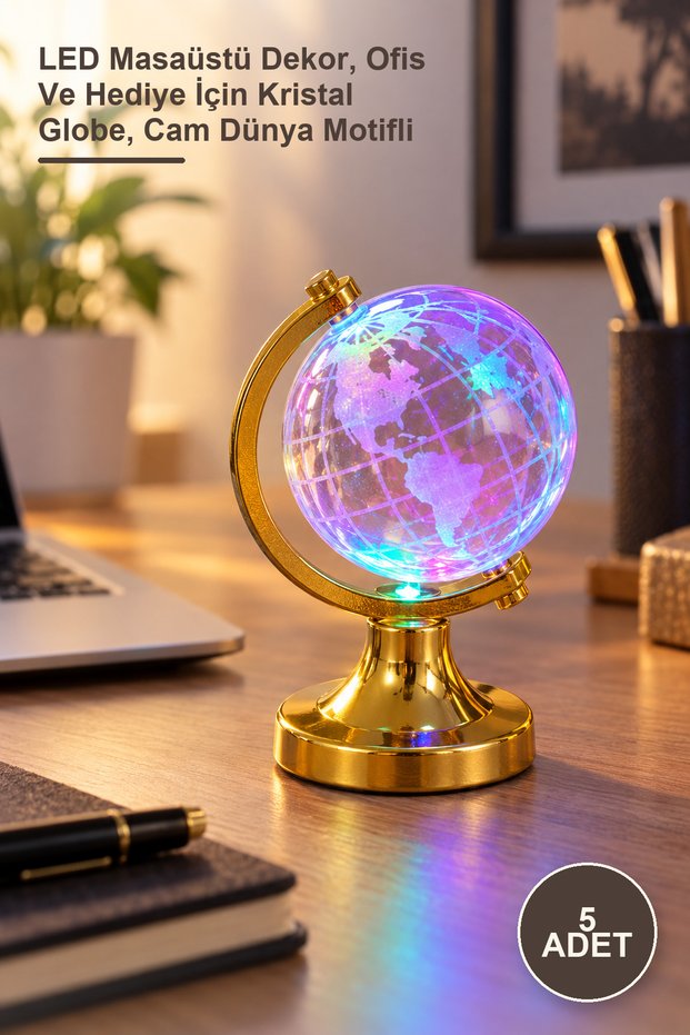 5 Pieces Mini Lighted Glass Crystal Globe – Led Desktop Decor, Crystal Globe for Office and Gift, Glass Globe with Earth Motif