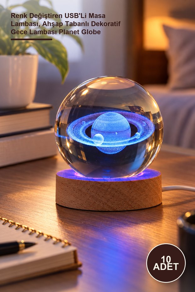 10 Pieces Saturn Planet Glass Globe – Color-Changing USB Desk Lamp, Decorative Night Light Planet Globe with Wooden Base