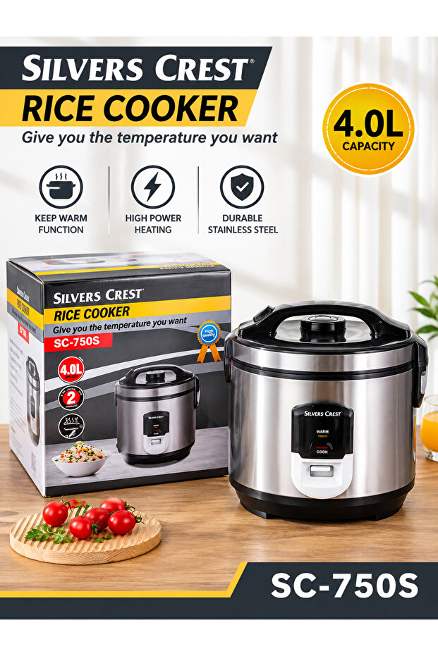 Slivers Crest SC-750S Electric Rice Cooker with Non-Stick Inner Pot Keep-Warm Function, One-Touch Cooking, Multi-Function, Automatic Cooking, Compact Appliance