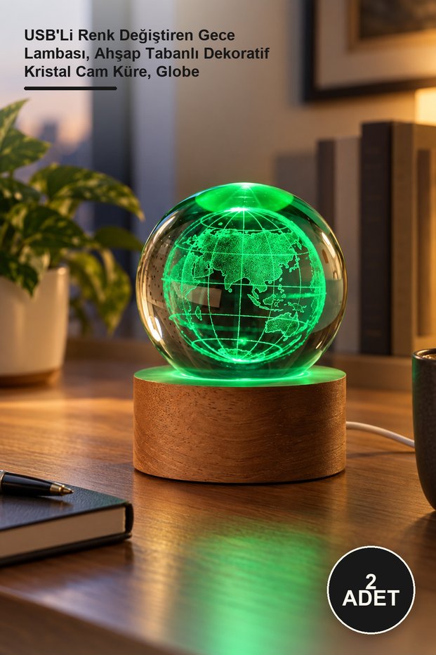 2 Pieces of Lighted Glass Earth Globe – Color-Changing Night Light with Usb, Decorative Crystal Glass Globe with Wooden Base, Globe