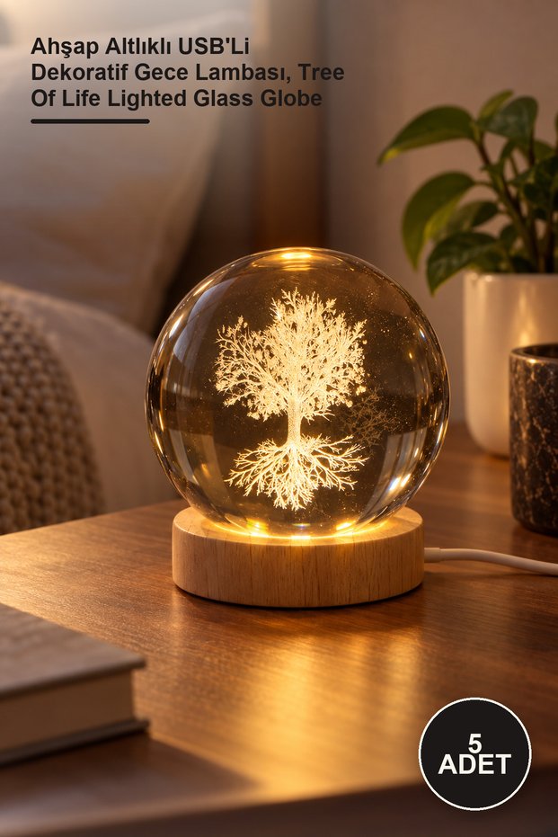 5 Pieces Tree of Life Lighted Glass Globe – Decorative Night Light with Wooden Base and Usb, Tree of Life Lighted Glass Globe
