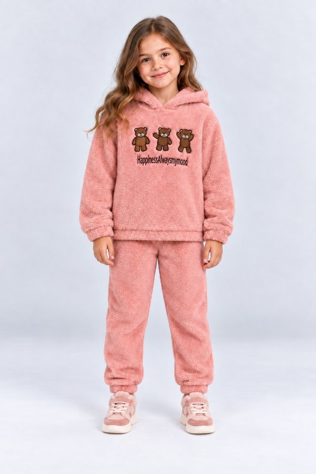 Girl's Plush Tracksuit Set with Hooded Teddy Bear Pattern, 2-Piece Warm Winter Set Ak4131