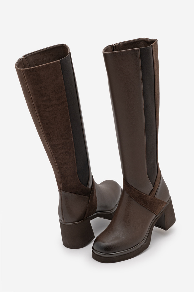 Women's Round Toe Thick Heeled Elastic Suede Detailed Boots Voleris Brown