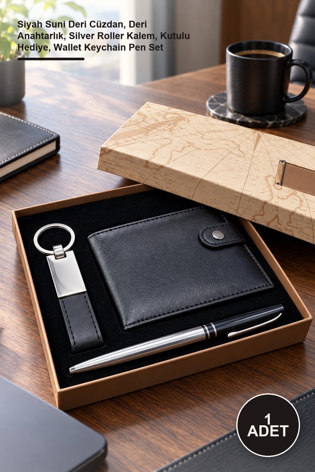 1 Piece Keychain Wallet and Roller Pen Set – Black Faux Leather Wallet, Leather Keychain, Silver Roller Pen, Gift Boxed, Wallet Keychain Pen Set